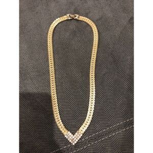 1980’s Art Deco Gold Tone Herringbone Necklace Collar Set With Rhinestone